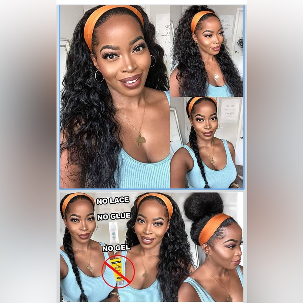 Black Wavy Hair Wig with Orange Headband - Picture 3 of 5